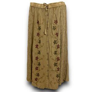 Plus Size Boho Embroider Skirt Earth Tone Bohemian Western Prairie Button Front